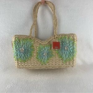 Mossimo Straw Handbag Blue & Green Floral Detail New Old Stock Minor‎ Fray